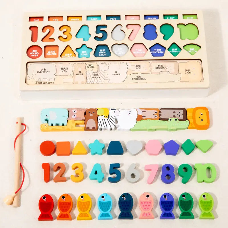 Wooden Fishing Game Shape Number Animals Matching Puzzle