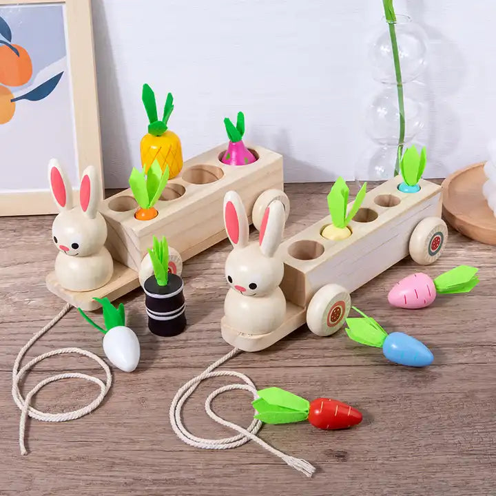 Rabbit hand cart tow cart two in one pull radish wooden toy