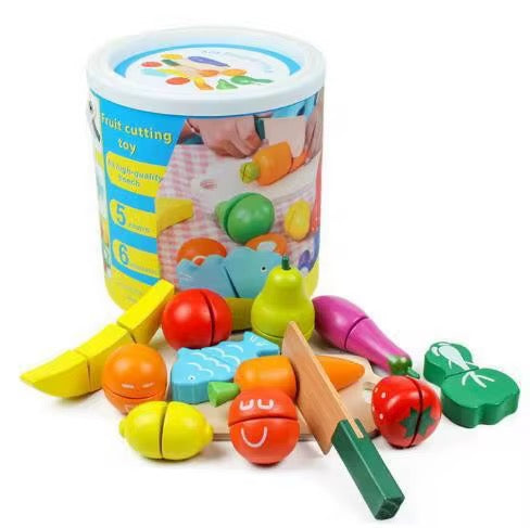 Children's Magnetic Kitchen Vegetables And Fruits Carefully Toy Wooden Barrel Play House