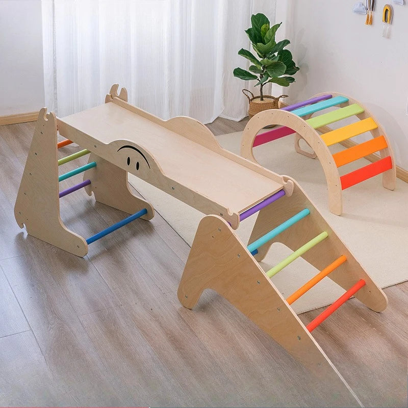 Wooden Kids Climbing Frame, Baby Sensory Training Indoor Climbing Frame & Slide Combination Toy