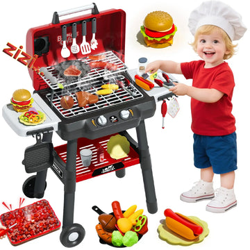 Kid Toy Grill, BBQ Grill Playset with Light Sound, Smoke Effect and 2 Wheels, Pretend Food