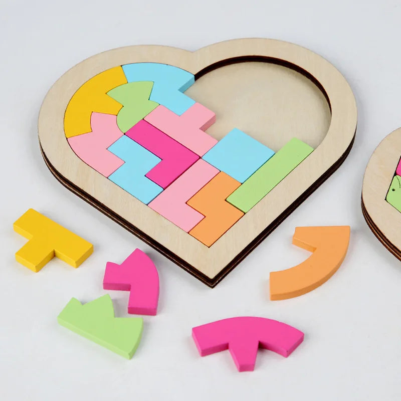 Kids Wooden 3D Puzzle Game Colorful Jigsaw Tangram Math Toys Heart Shape Baby Montessori Educational Learning Toys