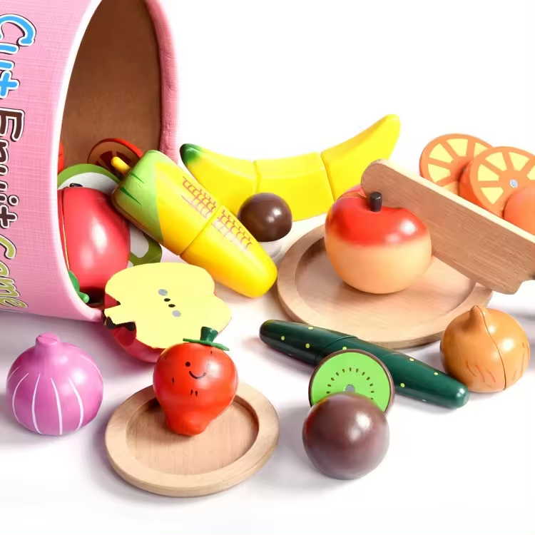 Children's Magnetic Kitchen Vegetables And Fruits Carefully Toy Wooden Barrel Play House