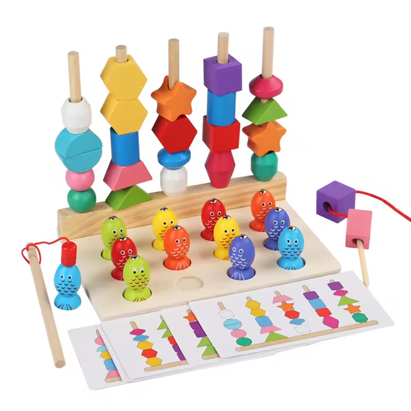 Toys Bead Sequencing Set Wooden Lacing Beads Matching Shapes Colors Stacking Toy