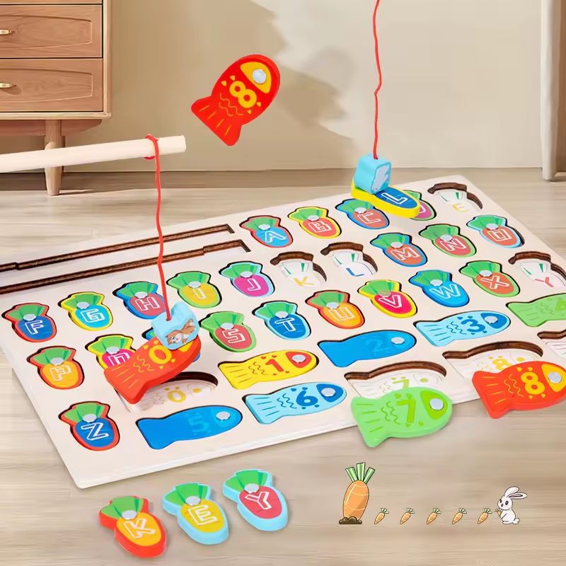 Wooden Carrot Fishing Toy Kids Baby Toddler Fishing Magnet Toys Alphabet Number Magnetic Cognize