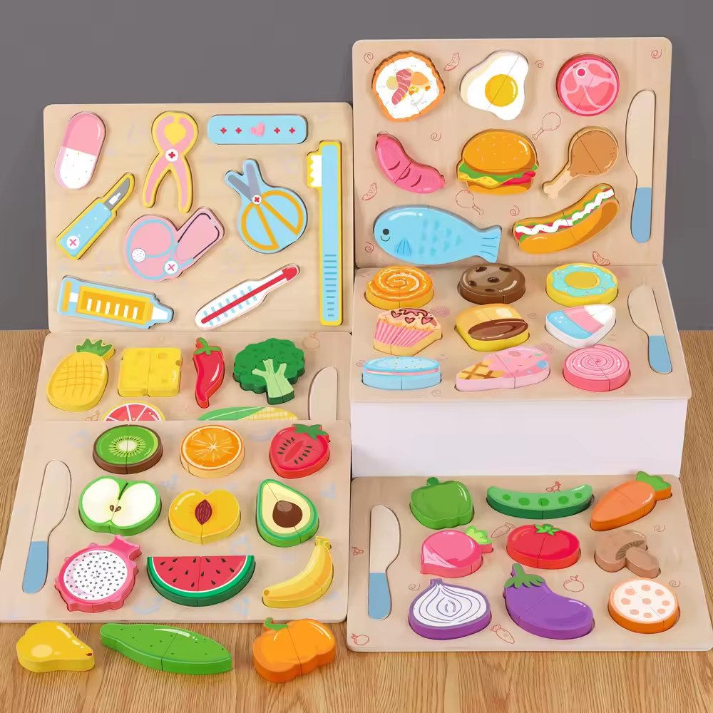 Wooden Play Food - Cutting Fruit Puzzle Toy- 20 pieces Colourful Kitchen Pretend Playset