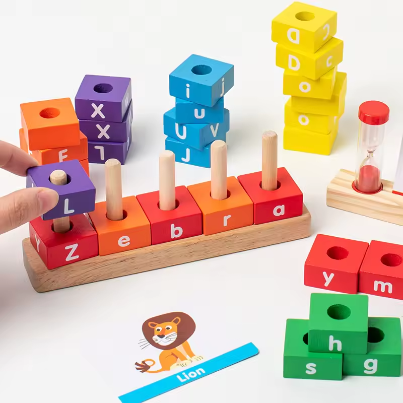 Stacking Block Toy Alphabet Spelling And Reading Words Wooden Sorting Toy