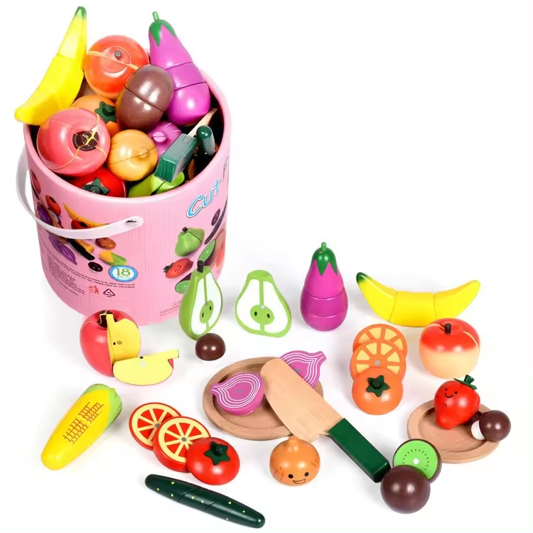 Children's Magnetic Kitchen Vegetables And Fruits Carefully Toy Wooden Barrel Play House